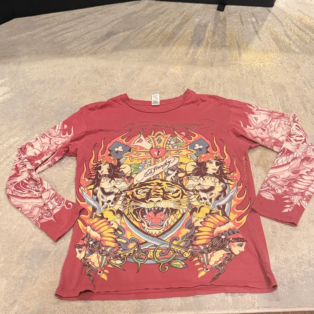 Vintage Ed Hardy TIGER Christian Audigier print all over Long Sleeve Shirt Y2K L